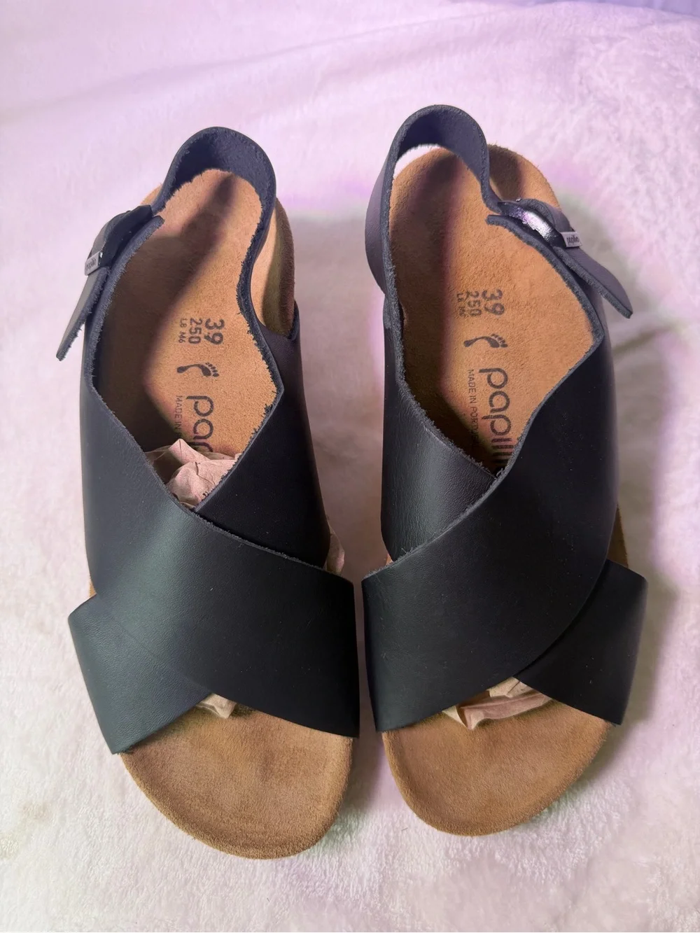 Papillio Black Leather Cork Wedge Sandals